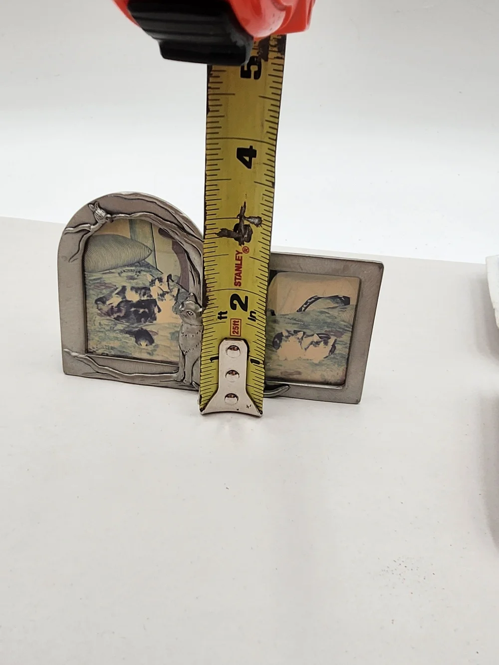 2 Vintage Pewter Silver Cat Mini Picture Frame Pair 2x3